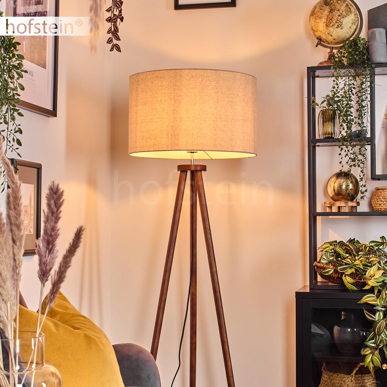 Stehleuchte Flemming, Stehlampe aus Holz/Stoff in Dunkelbraun/Beige/Weiß, Leuchte im skandinavischen Design mit rundem Schirm (Ø 50 cm) u. Fußschalter, Höhe 155 cm, 1 x E27, ohne Leuchtmittel