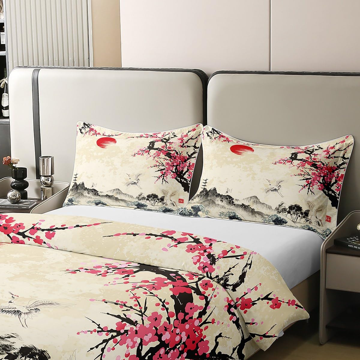 Set copripiumino in cotone 100% cotone con motivo floreale di sakura, stile giapponese, set copripiumino tradizionale retrò con rami di fiori botanici, bianco e rosa, per letto matrimoniale
