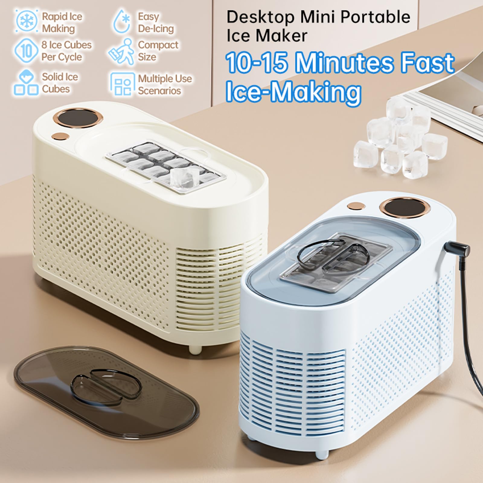 Mini fabbricatore di ghiaccio portatile - Produzione rapida di ghiaccio, 10 cubetti in 10-15 minuti, forme di ghiaccio solide e cave, perfetto per casa, ufficio, campeggio e auto (blu ghiaccio pe