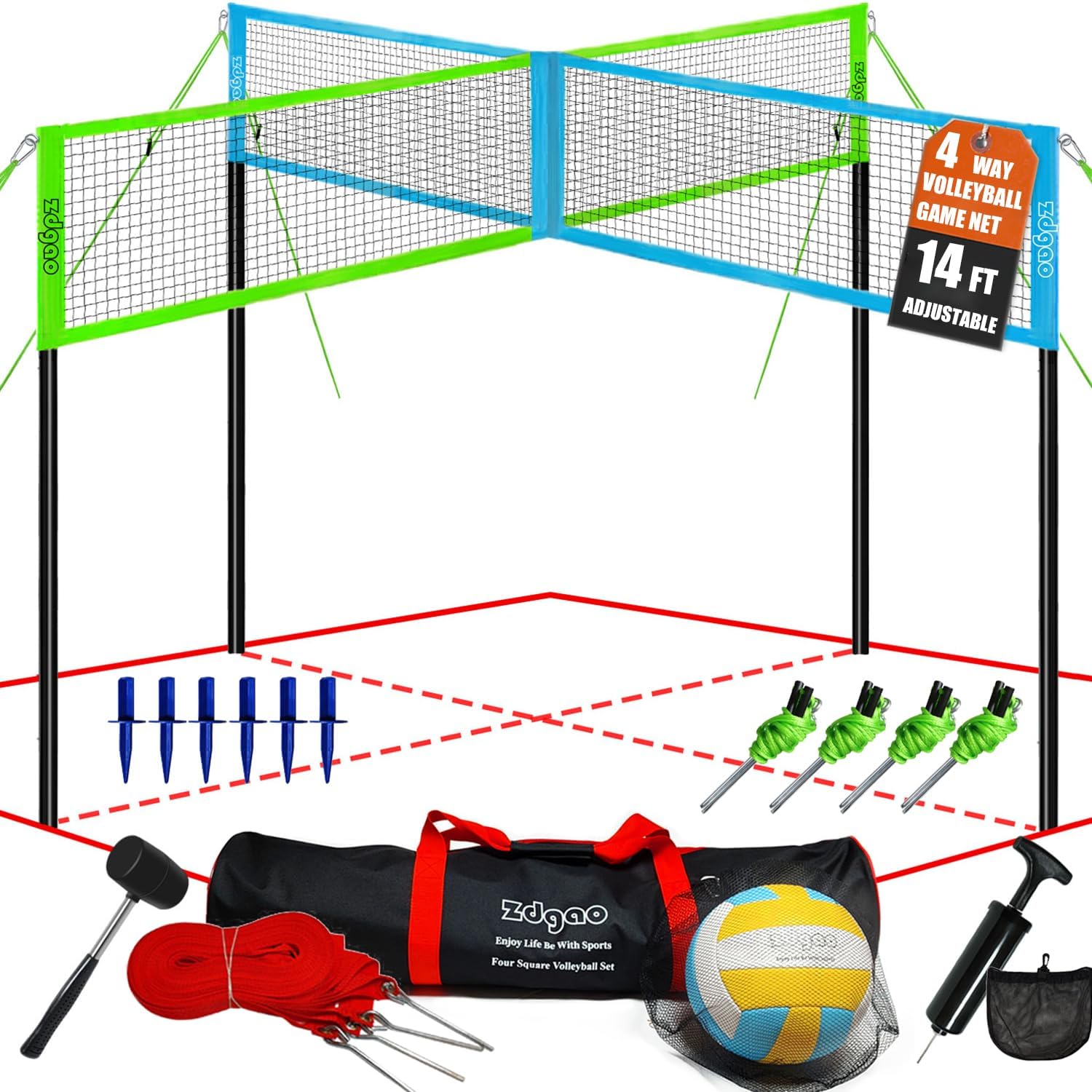 zdgao 14 ft/20 ft 4-way volleyball and badminton combo net with soft volleyball, rubber hammer and carry bag, adjustable height four square volleyball game set for backyard and beach 14ft blue & green