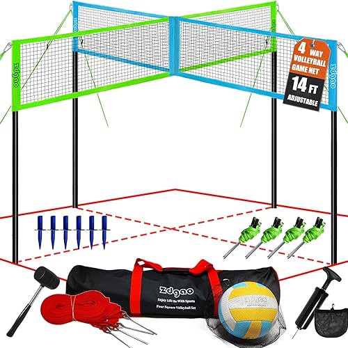 Zdgao Red de voleibol de cuatro vías de 14 x 14 pies de altura ajustable 4 cuadrados de voleibol de bádminton al aire libre para patio trasero,