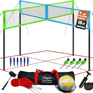 Zdgao 14 ft/20 ft 4-Way Volleyball and Badminton Combo Net with Soft Volleyball, Rubber Hammer and Carry Bag, Adjustable Height Four Square Volleyball Game Set for Backyard and Beach