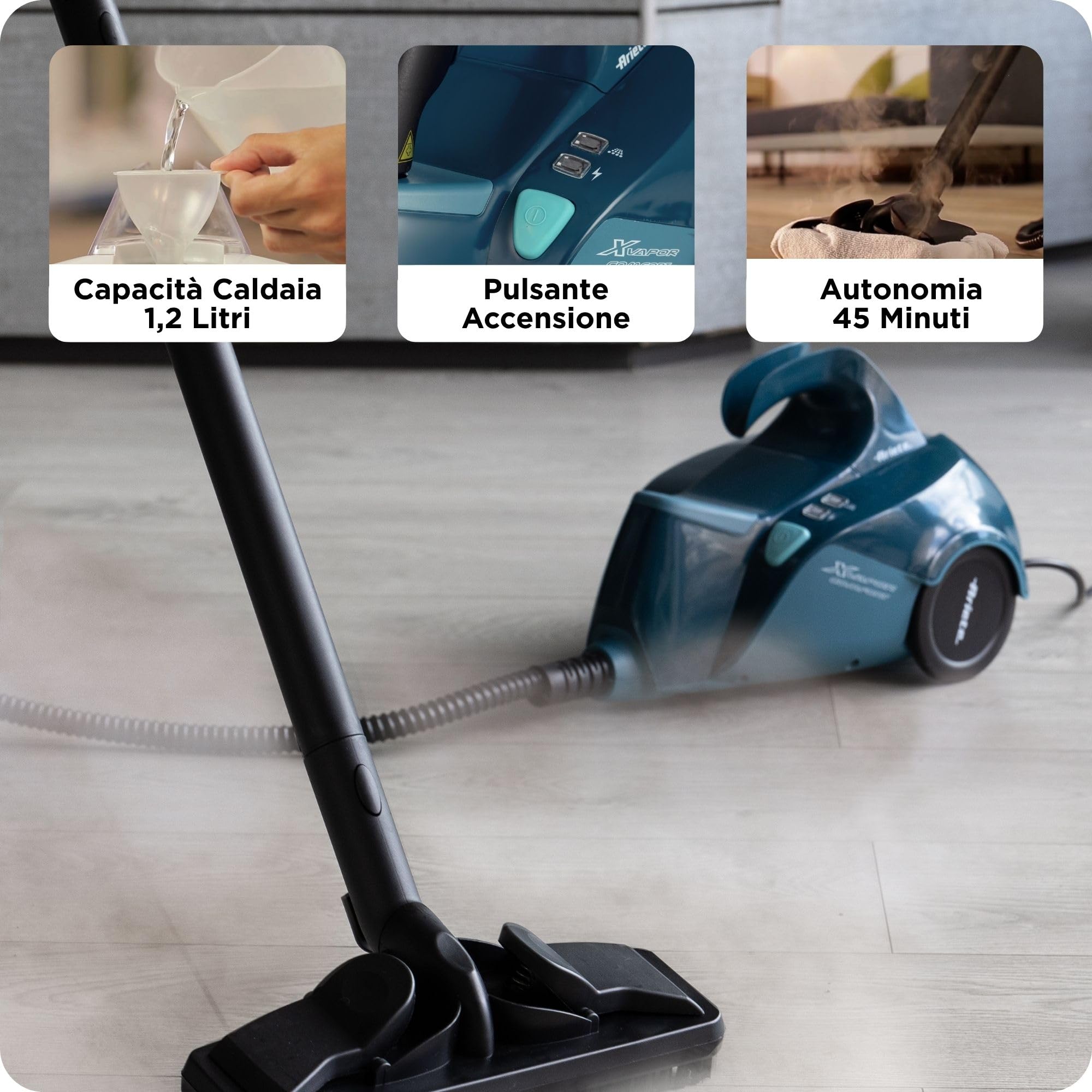 Ariete 4145 XVapor Comfort, Pulitore a vapore, Uccide 99,9% germi e batteri, Kit accessori, Vapore continuo 45', 1500W, 5 bar, Blu