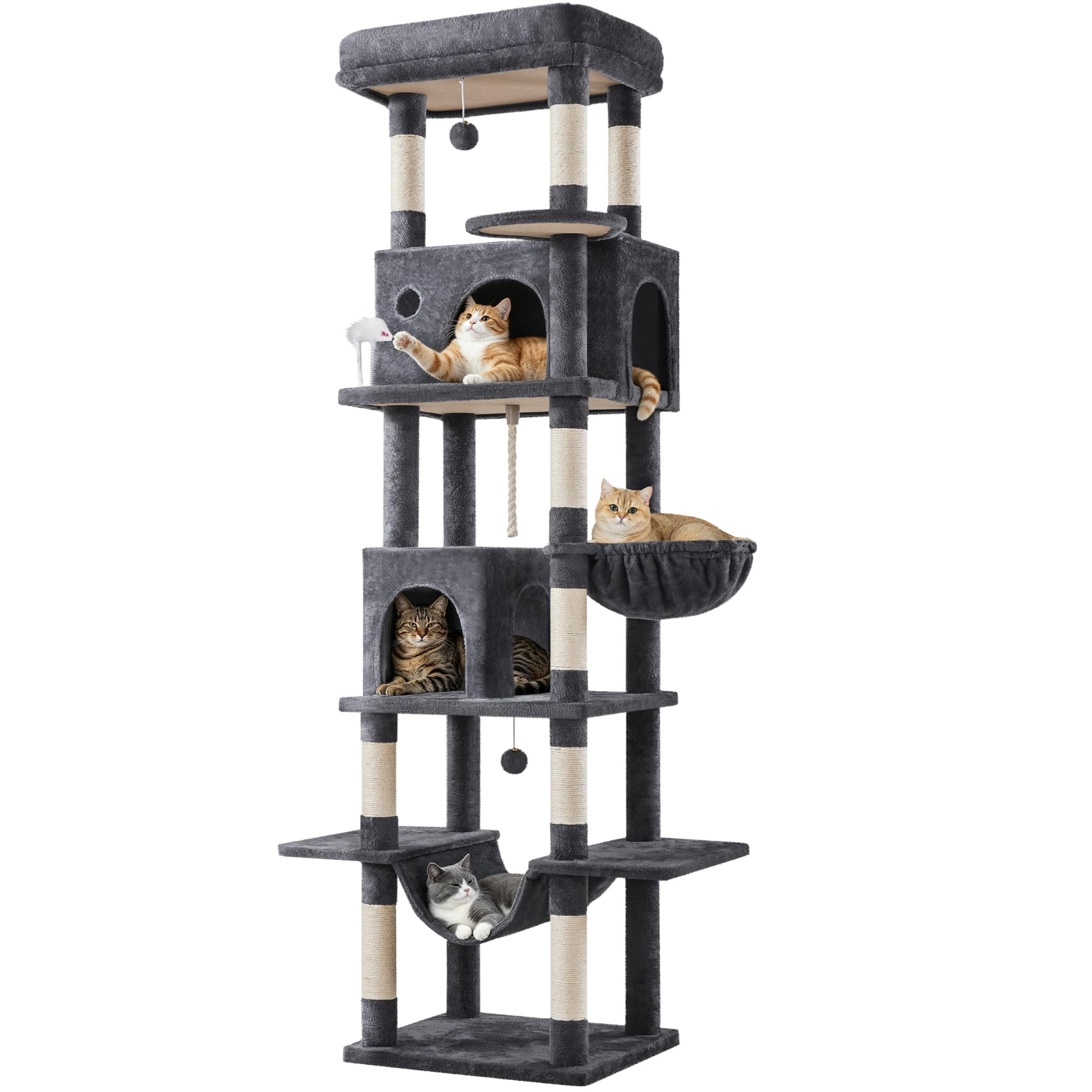Yaheetech Albero Tiragraffi per Gatti XXL Alto 210cm 6 livelli Grigio Scuro | 2 casette grande, 9 pali in sisal, piattaforma ampia, lunga amaca, cestino e giochi appesi per gatti taglia piccola/medi