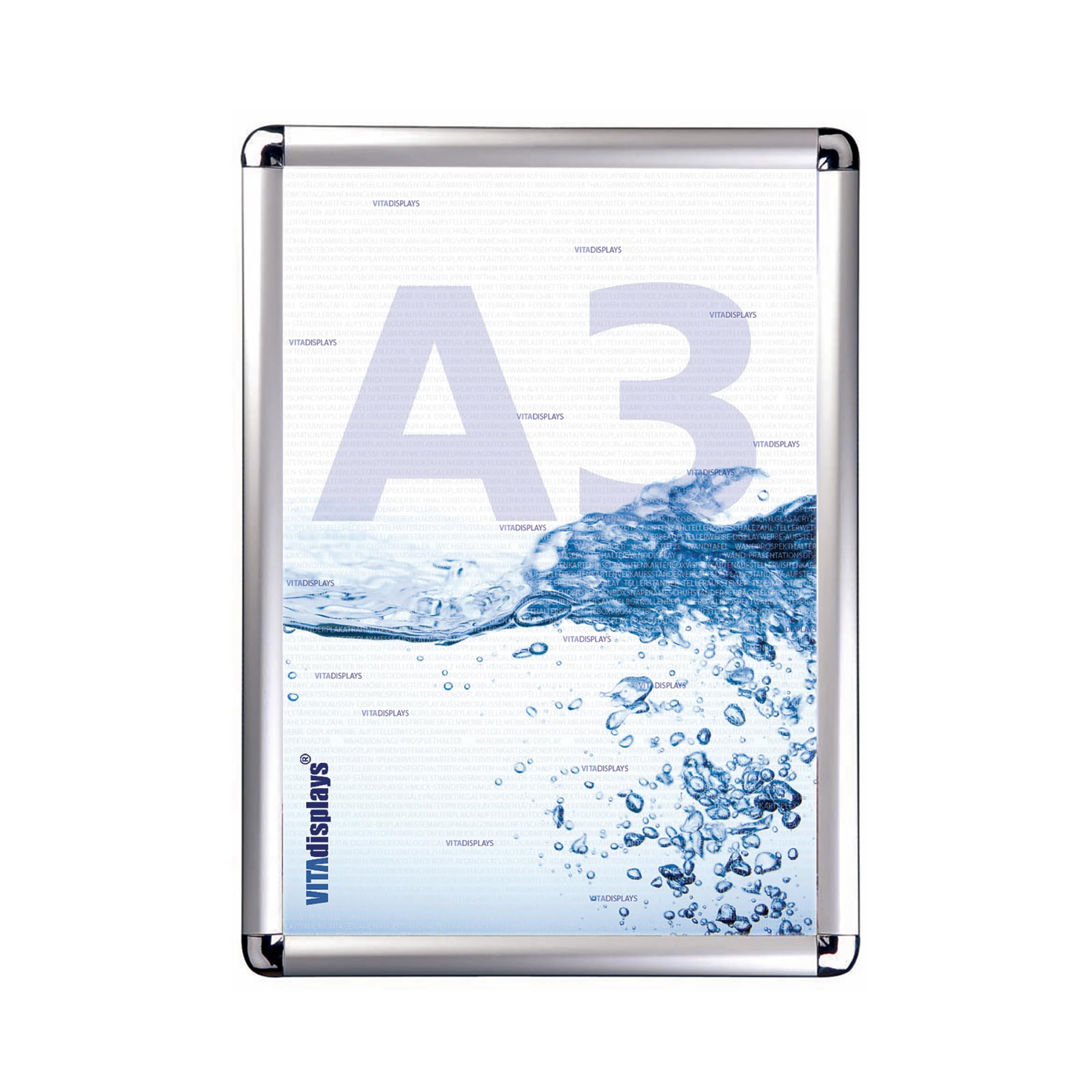 VITAdisplays Rondo Aluminium Folding Frame DIN A3 Silver Poster Frame with Anti-Reflective PET Protective Film 25 mm Aluminium Profile Removable Frame