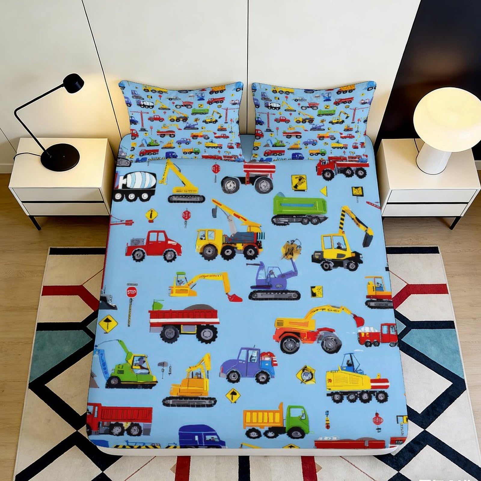 3D Printed Construction Vehicle Fitted Sheet Microfiber Anti-Slip Blue Truck Bed Cover for Bedroom Guest Room Decor 160x200x25cm