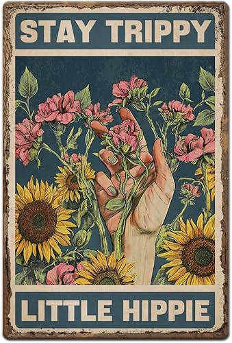 1 letrero de metal vintage de 8 x 12 pulgadas, letrero retro de hierro con diseño de flor de sol, aspecto oxidado, hippie, para el hogar, sala de