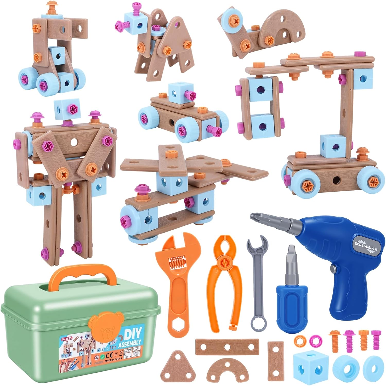 Drill Building Set for Kids 172 Pcs Construction Tools for Kids with Toolbox,Kids Construction Building STEM Toy for Boys Girls Birthday Gifts