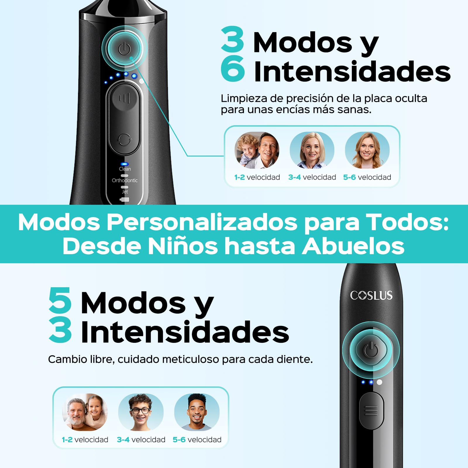 COSLUS C51C30 Cepillo de Dientes Eléctricoo con Irrigador Dental: Kit Limpieza Bucal Portátil para Cepillado y Hilo Dental, Varios Modos para Usuarios, Inalámbrico para Casa y Viajes, Negro y Azul.