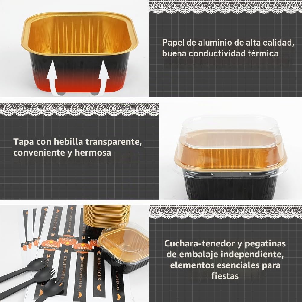 RETON 100 mini moldes para tartas con tapas, moldes de papel de aluminio de 5 onzas para hornear cupcakes, mini moldes para tartas con calcomanías y tenedores, moldes pequeños para tartas de pan para