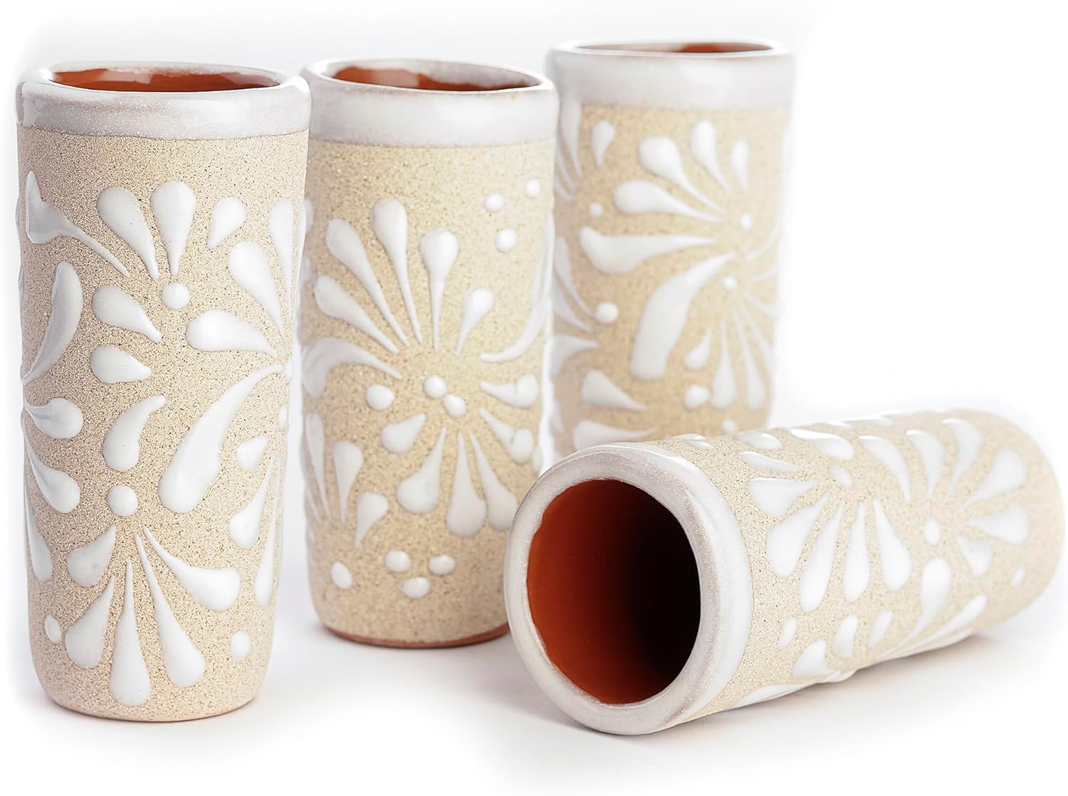 Handcrafted Ceramic Shot Glasses, White Floral Pattern, Terracotta Interior, Set of 4, Traditional Mexican Design (White Floral Pattern) - Image 8