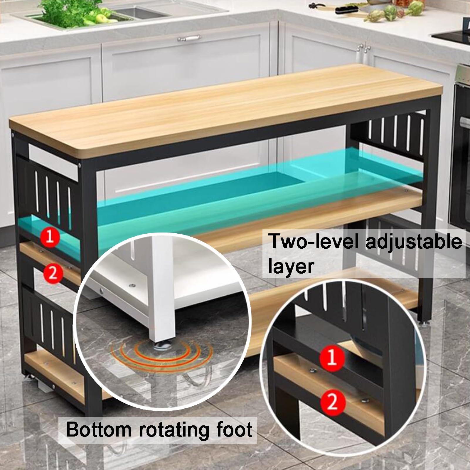 Isola da cucina regolabile con grande piano di lavoro, supporto per caffè e microonde, tavolo da bar alto 80 cm con portabottiglie perfetto per casa e sala da pranzo (160 x 50 x 80 cm)