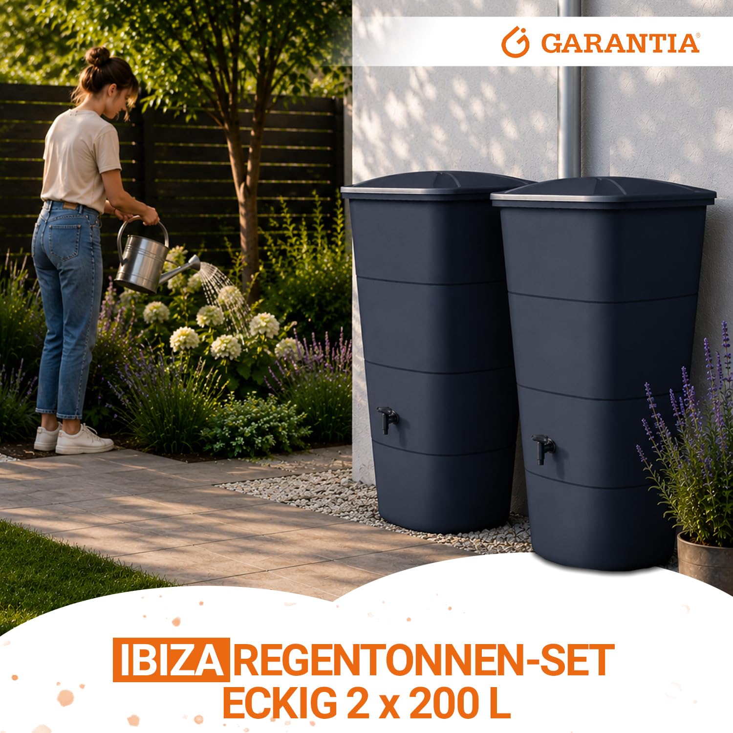 GARANTIA Ibiza Regentonnen-Set eckig 400 Liter Graphite Grey, 2 x Ibiza 200 Liter inkl. Verbinder - als graues Wasserfass für nachhaltige Gartenbewässerung - mit Deckel, Hahn und Matter Oberfläche