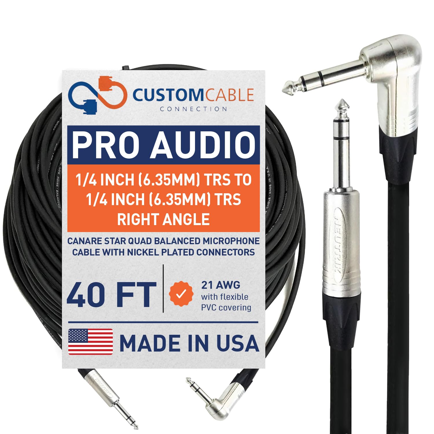 Custom Cable Connection 40 Foot 1/4 Inch (6.35mm) TRS to 1/4 Inch (6.35mm) TRS Right Angle - Canare Star Quad Balanced Microphone Cable