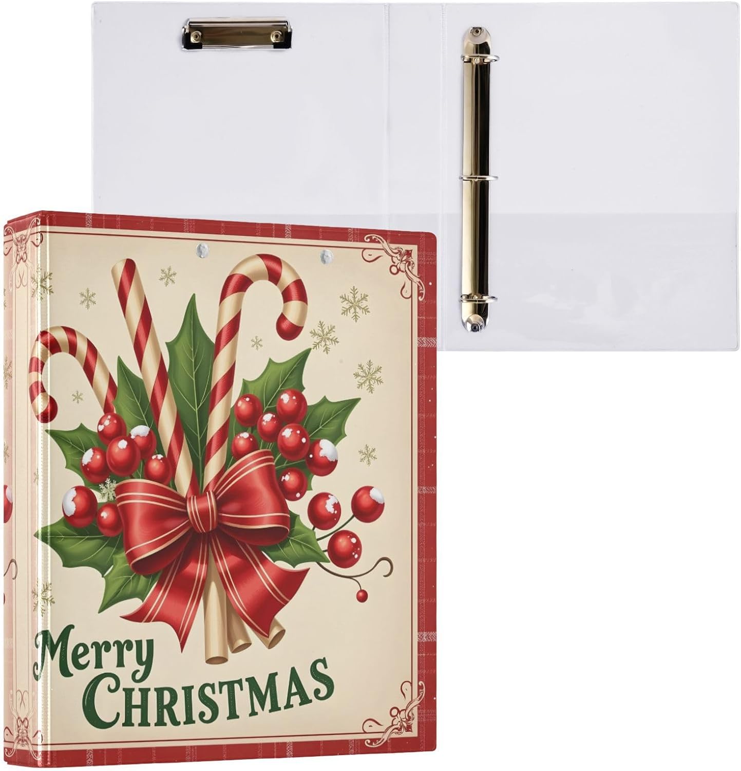 3 Ring Binder Merry Christmas Bow Candy Holly Canes 1.5 inch Binders Three Ring Binders with Clipboard Fit 8.5'' x 11'' Paper 3 Interior PVC Clear Pockets for Office Supplies - Image 5