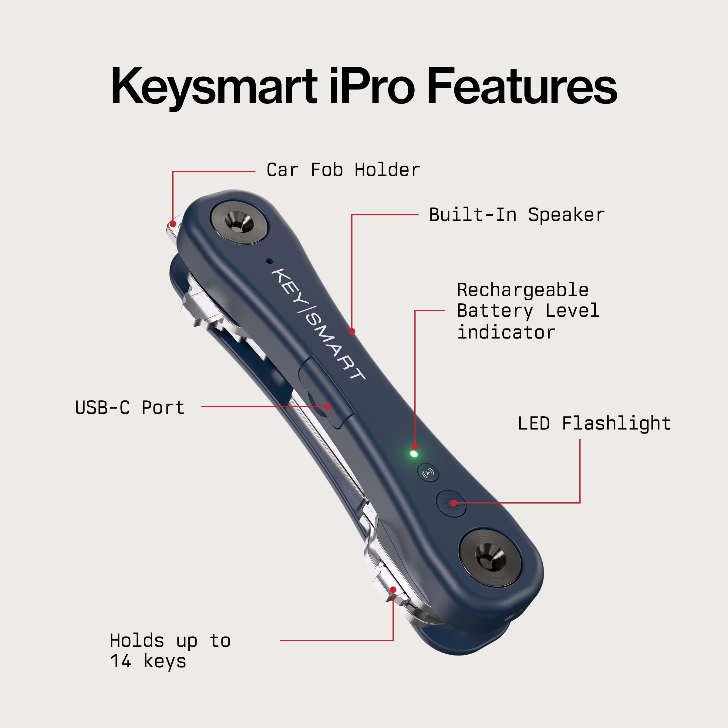 KeySmart iPro - Localizador de llaves con sonido, llavero compatible con Apple Find My App, organizador de llaves, rastreador compacto sin desorden, regalos tecnológicos para hombres (hasta 14 llaves