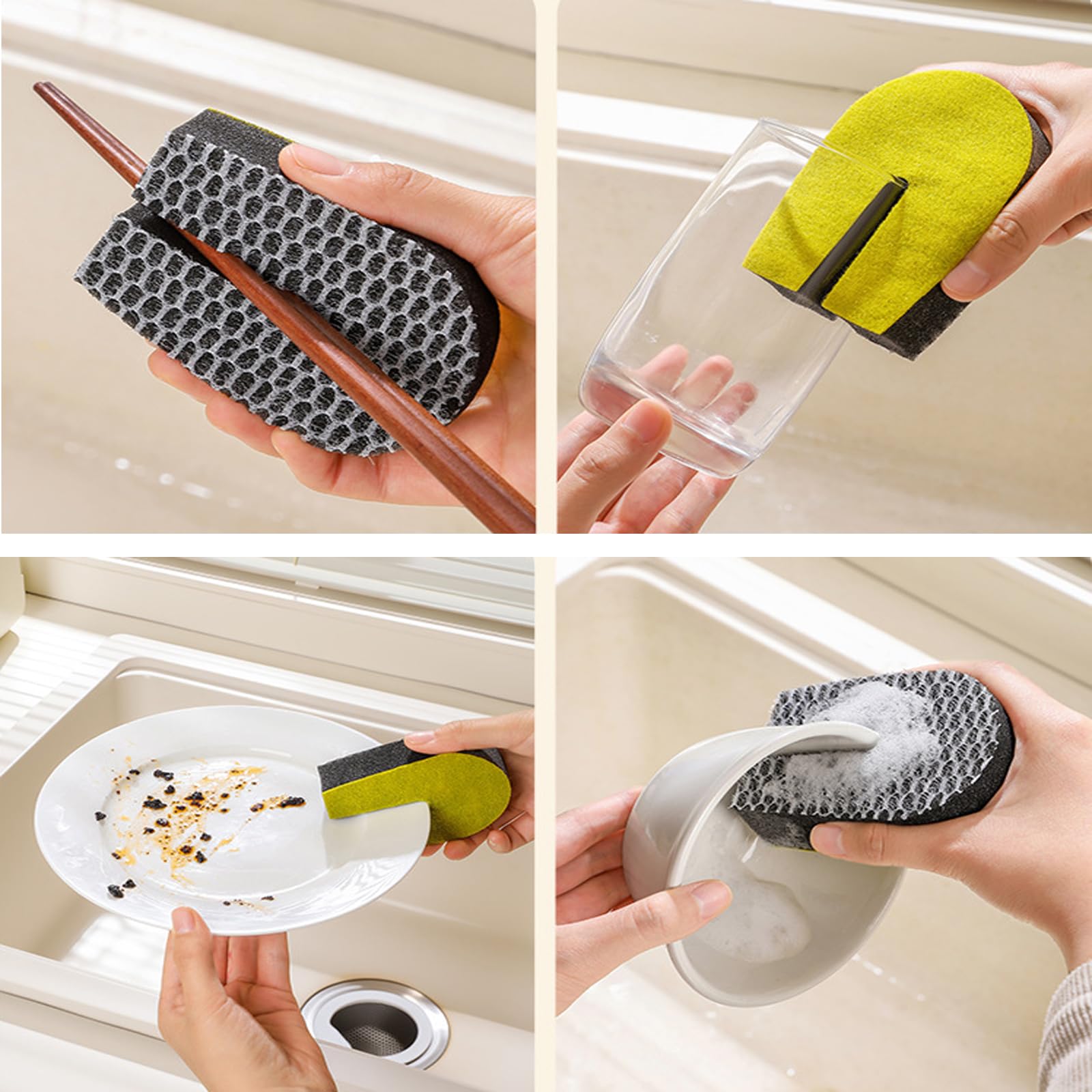 Esponja de doble cara en forma de U para limpieza de cocina, ideal para grietas, platos, cuencos y llantas de taza, juego de 2 estropajos para un uso versátil