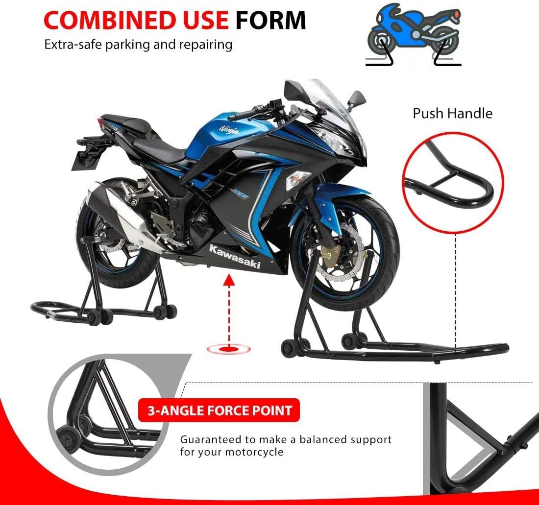 SPECSTAR Heavy Duty Motorcycle Front Rear Wheels Lift Universal Sport Bike Swingarm Spool Paddock Stand Combo for Suzuki Yamaha Honda Kawasaki Black