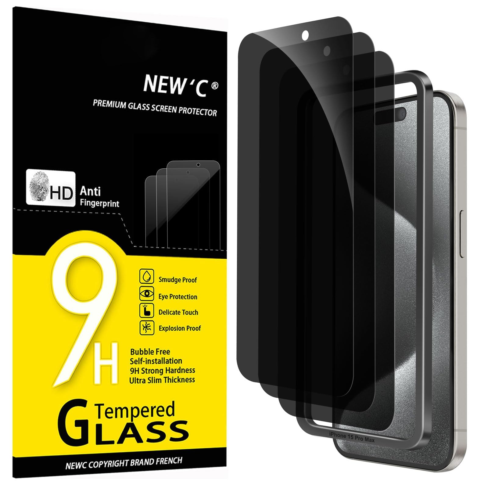 NEW'C 3 Pack Privacy for iPhone 15 Pro Max Screen Protector (6.7 inches), Anti-Spy Tempered Glass Film,Case Friendly Ultra Resistant, Balanced 28-Degree Privacy Angle-Easy installation tool included