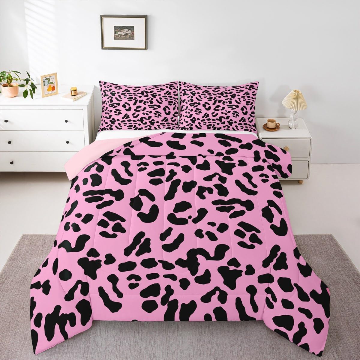 Feelyou Pink Leopard Print Comforter Set Queen Size Kids Cheetah Duvet Quilt for Boys Girls Teens Safari Wildlife Animal Fur Print Hunting Bedding Set Breathable Soft Lightweight Room Decor 3Pcs