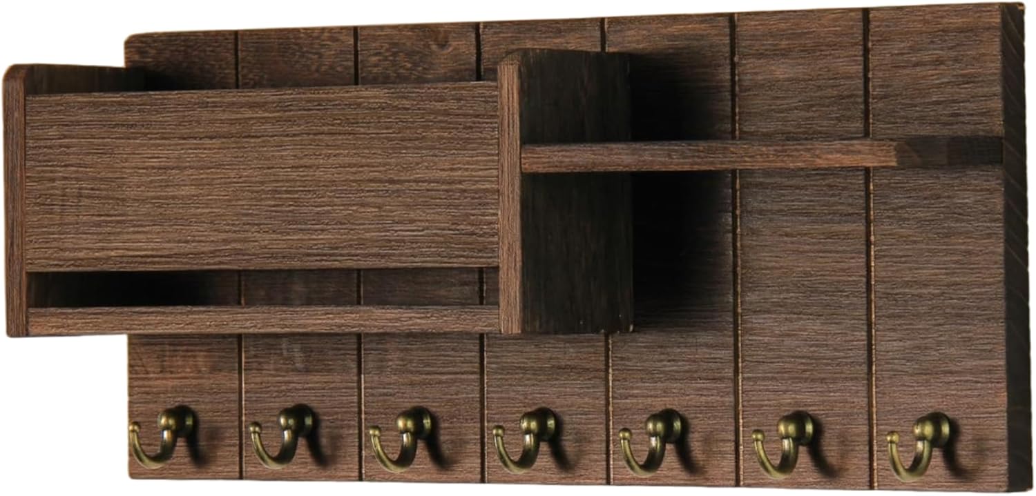 Key Rack, Key and Mail Holder for Wall, Wooden Rack with 6 Hooks, Modern Wall Organizer for Storing Letters, Magazines and Umbrellas, and Mail Holder for