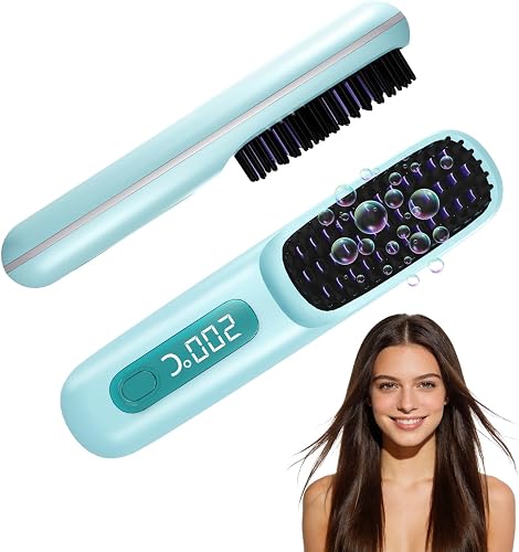 Go Brush Pro for Short Hair 2026, Portable Straightener Brushs for Travel, with LCD Temperature Display, Fast Heating Cordless Mini Hair Brushs(Blue)