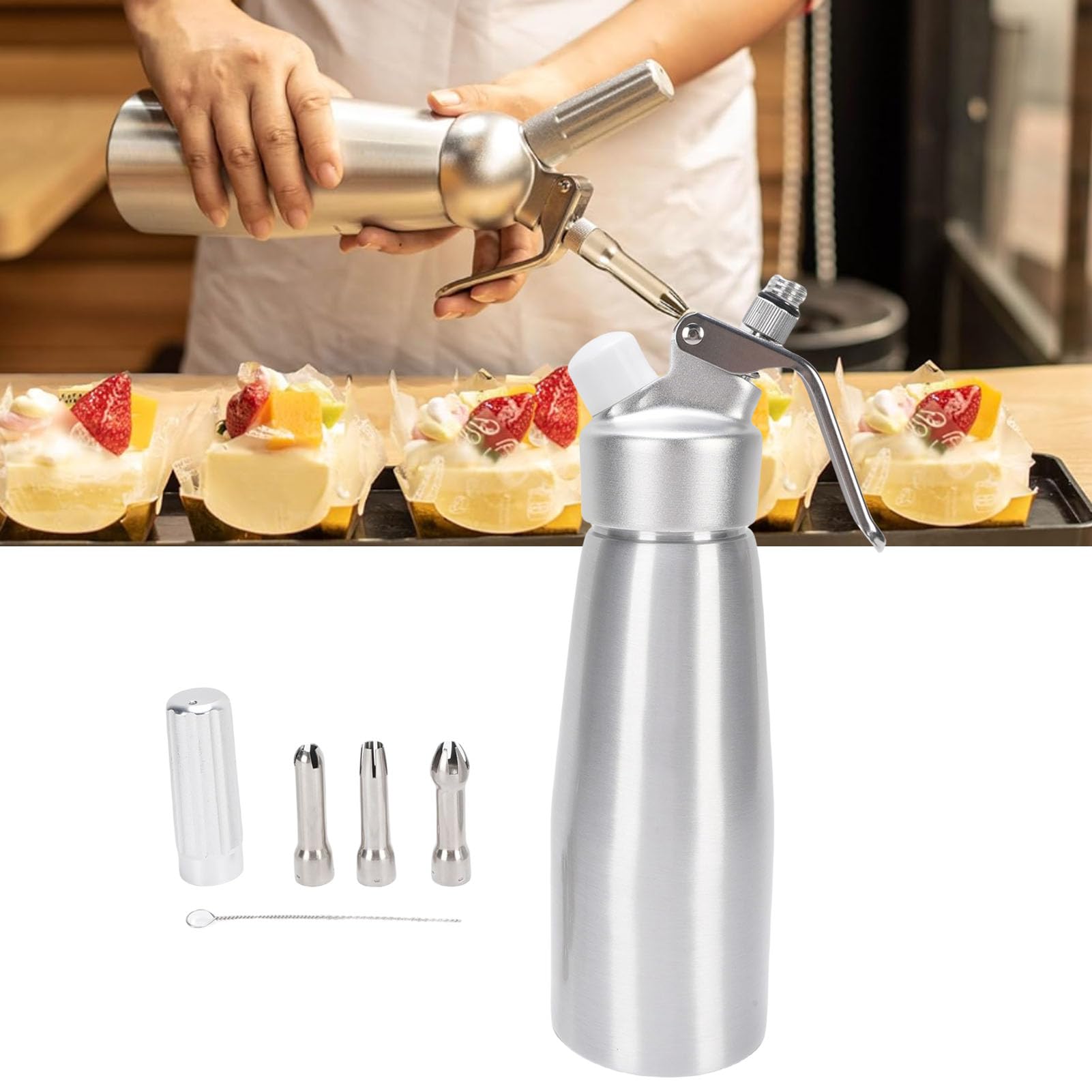 Dozownik do bitej śmietany 500 ml Profesjonalny aluminiowy pojemnik do ubijania śmietany z 3 dyszami