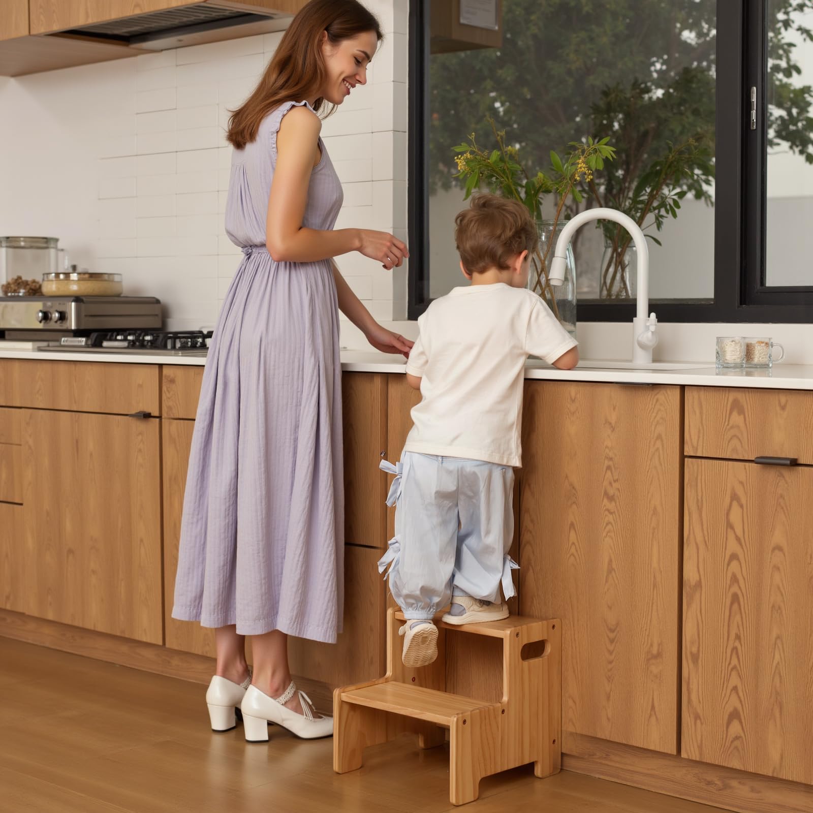 Wiifo Holz-Tritthocker, zweistufiger Hocker für Kinder, Montessori-Hocker für Kleinkinder, unterstützt 136 kg, für Badezimmer, Waschbecken, Toilette, Küche, Bett, Natur