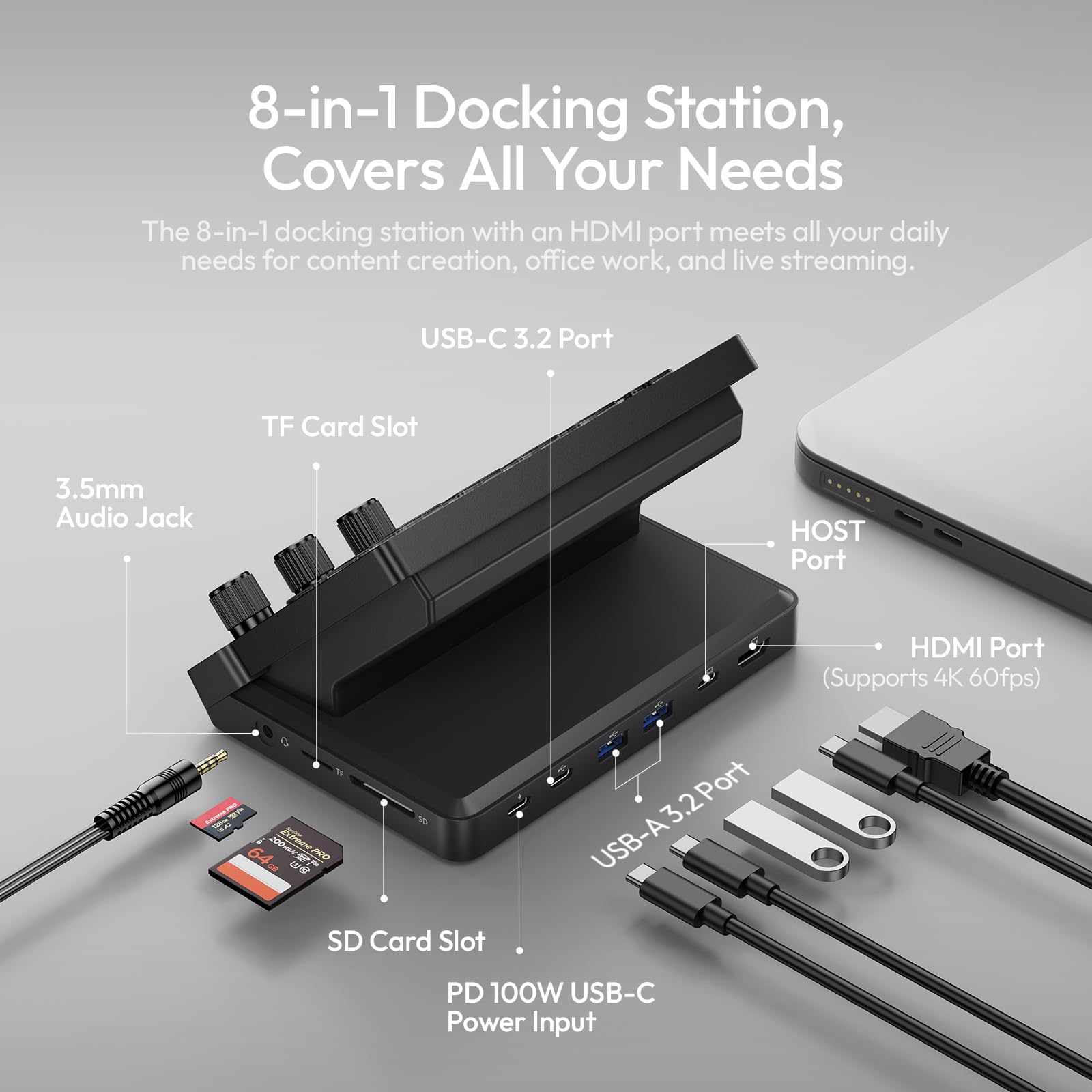 ULANZI D200X Controlador de Streaming con 3 Mandos, Teclado Macro con 14 Teclas LCD Personalizables y Estación de Acoplamiento con Concentrador USB-C 8 en 1 y Salida HDMI 4K para Fotografía y PC