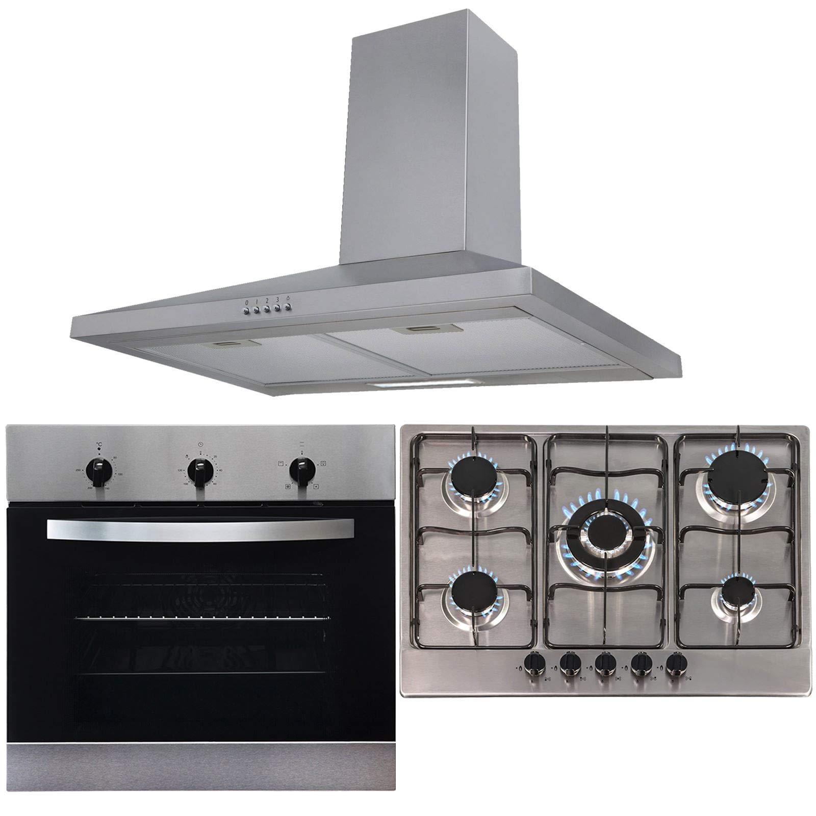 SIA 60cm Stainless Steel Single Oven, 70cm 5 Burner Gas Hob And Chimney Hood Fan
