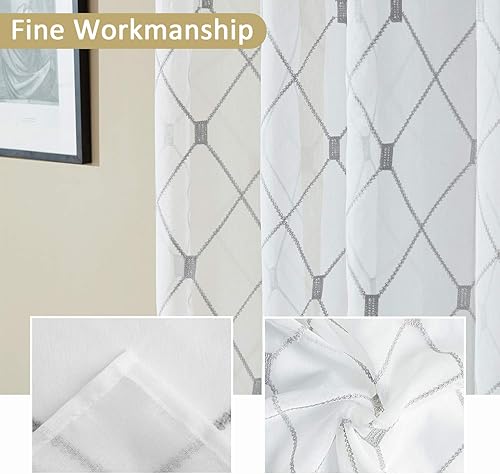 Miniatura 5 de Top Finel - Cortinas de lino sintético translúcidas blancas con bordado de diamante y ojales, 2 paneles de cortina para habitación y sala