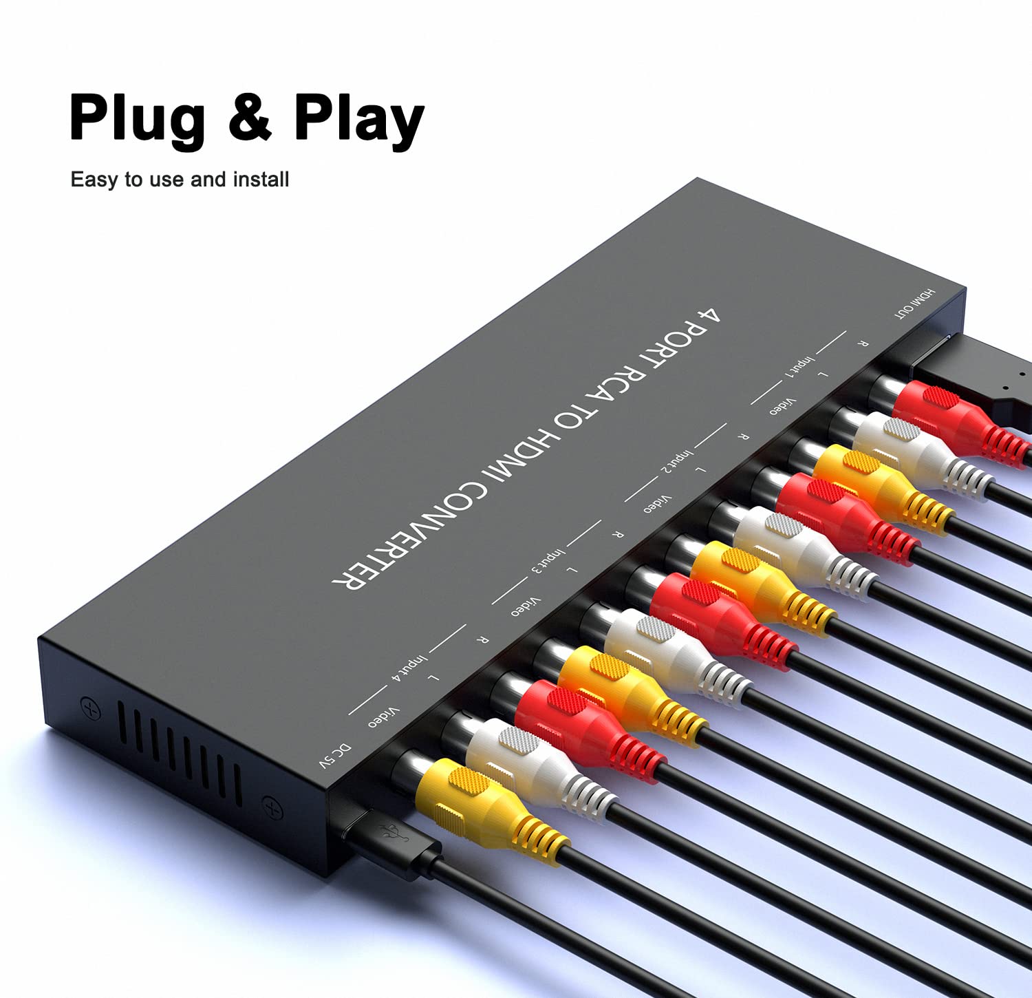 LVY Convertitore da RCA a HDMI a 4 porte Adattatore da AV a HDMI Adattatore da RCA a HDMI Supporto 16:9/4:3 Compatibile con WII, N64, PS2, VHS, lettori DVD VCR ecc. (ingresso 4AV 1 uscita HDMI)