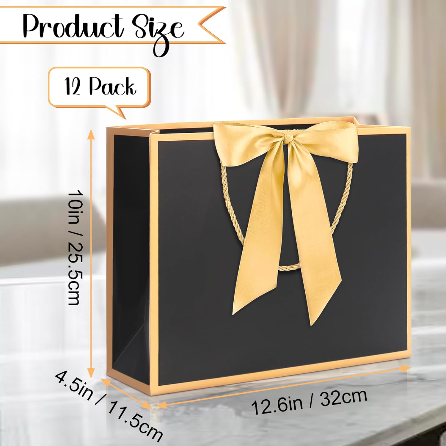 QIELSER 12 pcs Black Gift Bags with Handles 12.6x4.5x10 Inches Large Paper Bags with Bow Ribbon and Tissue Paper Gift Wrap Bags for Birthday Bridesmaid Party Wedding Baby Shower Valentines,Black-Gold - Image 2