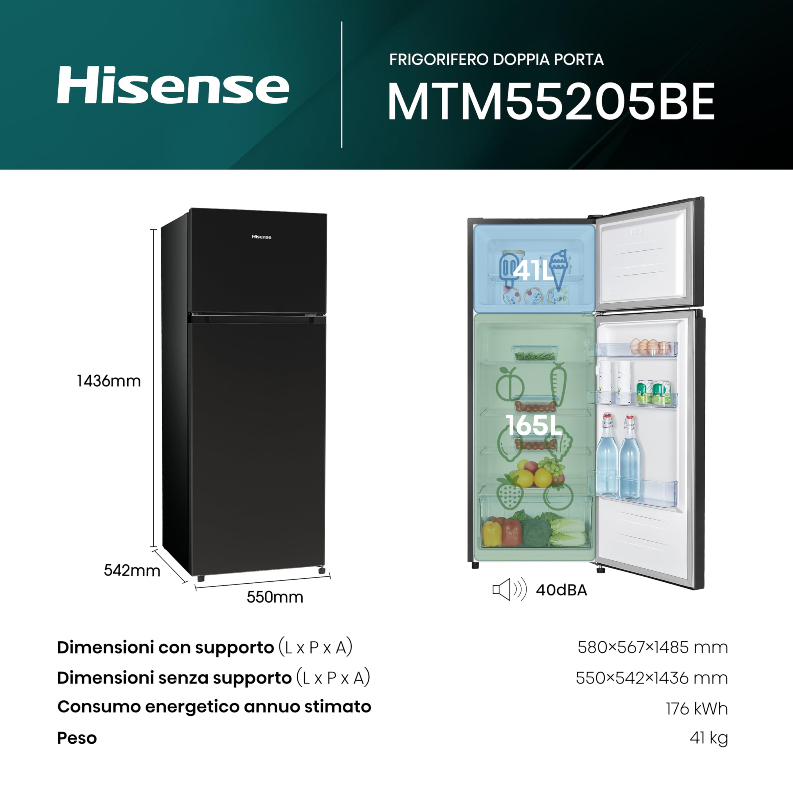 Hisense MTM55205BE Frigorifero Doppia Porta a Libera Installazione Modello 2022, 206 L, Nero, 143.4 x‎ 54.2 x 55 cm