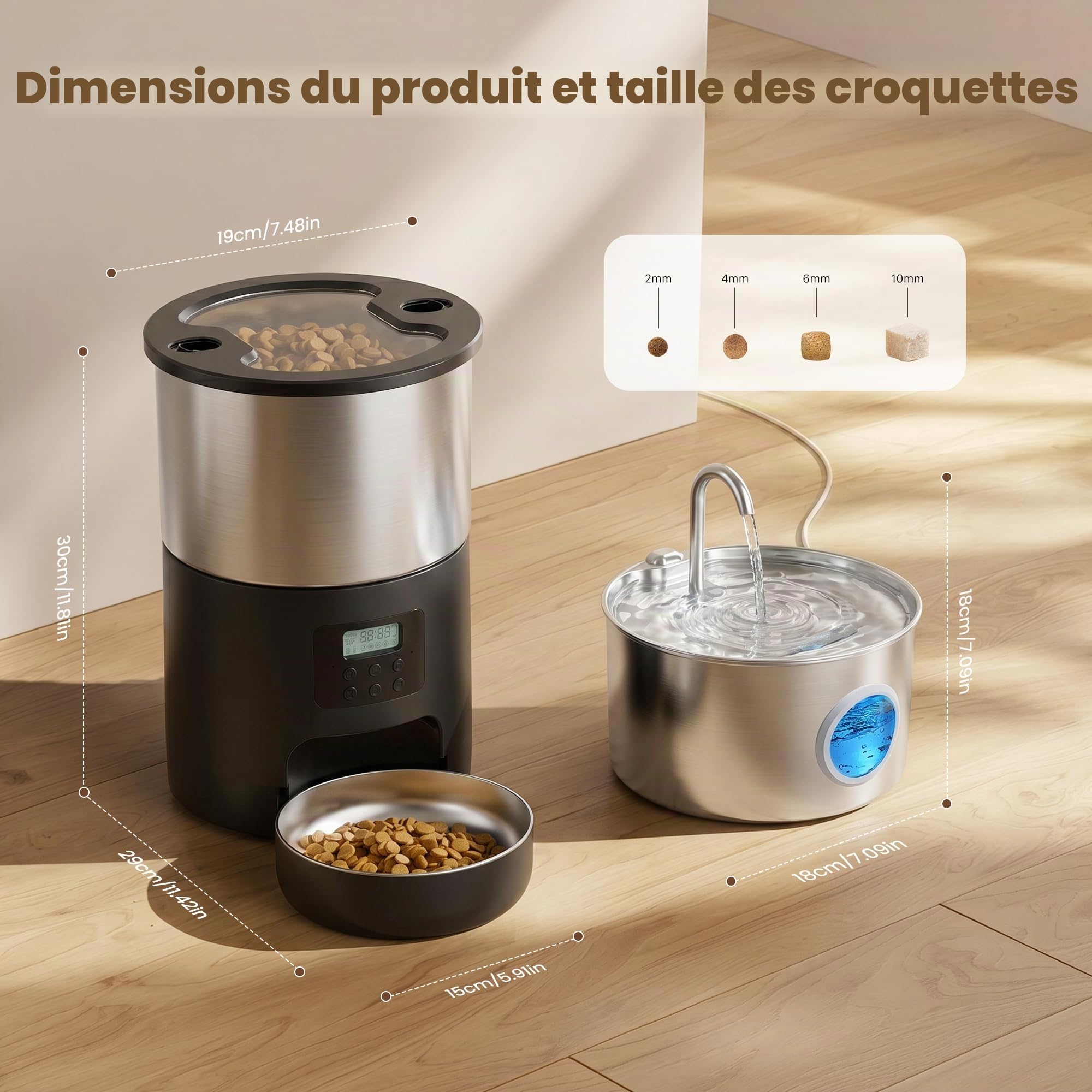 Fontaine a Eau Chat et Distributeur Croquettes: INOX 2.2L Fontaine à Eau pour Chat et 5L Distributeur Croquettes Chat Automatique - Mangeoire de Nourriture Animaux avec Minuterie Programmable 4 Repas