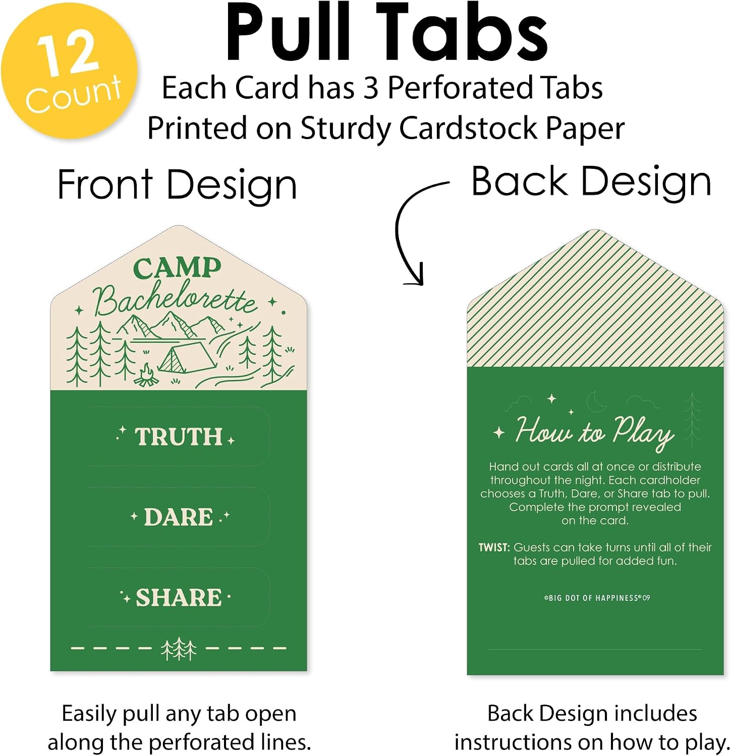 Big Dot of Happiness Camp Bachelorette Truth, Dare, or Share Pull Tabs Game, Cabin Glamping Bachelorette Party Game Pickle Cards - Set of 12