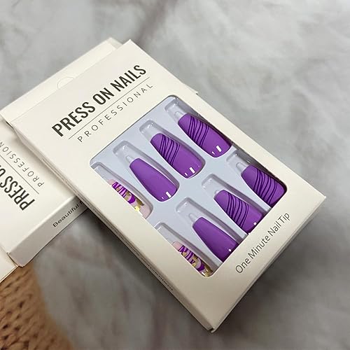 Miniatura 4 de Uñas postizas cuadradas a presión, uñas postizas largas en forma de ataúd, líneas moradas, uñas postizas con diseño de lámina dorada, uñas postizas