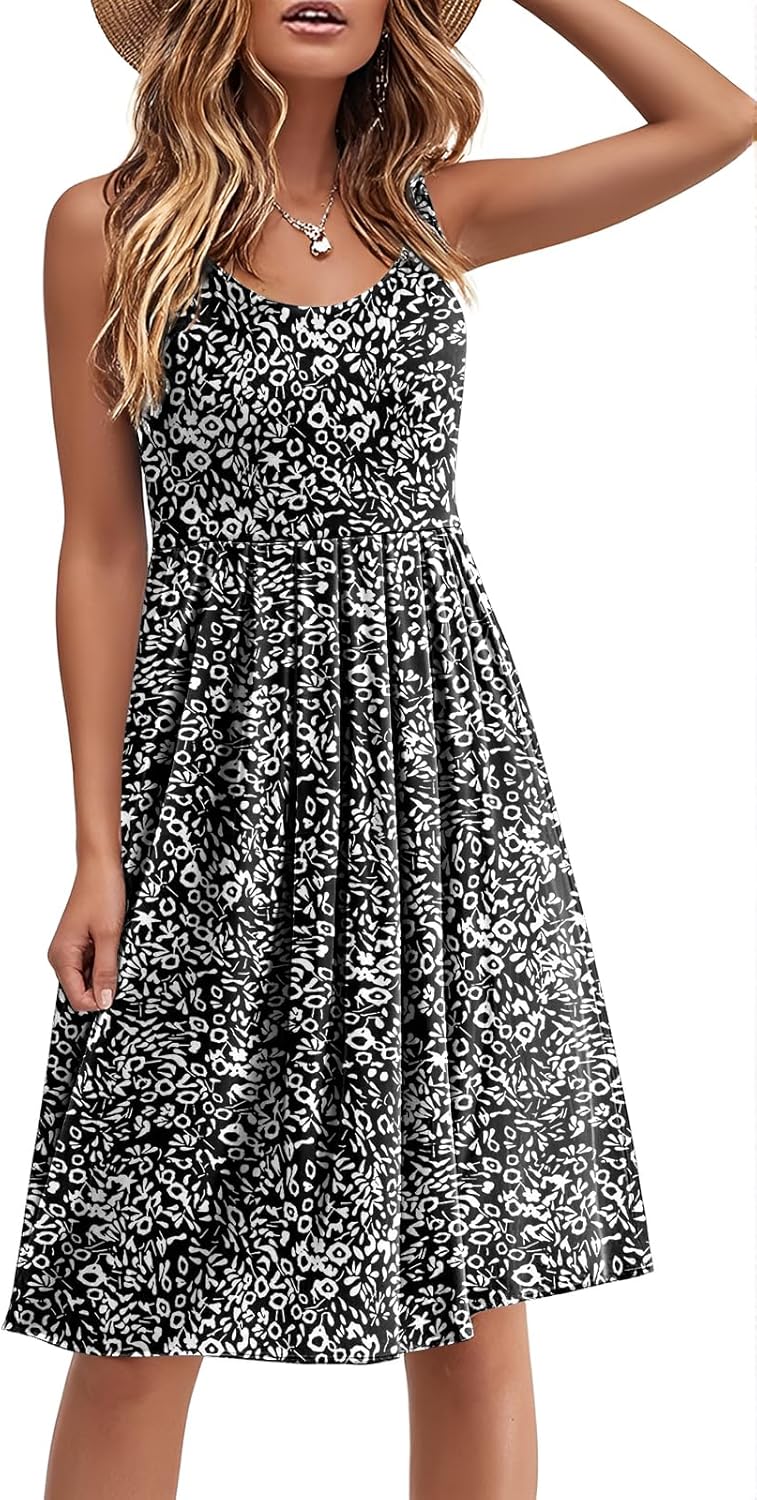 Akihoo Women Summer Casual Sleeveless Midi Plain Pleated Tank Vest Dresses