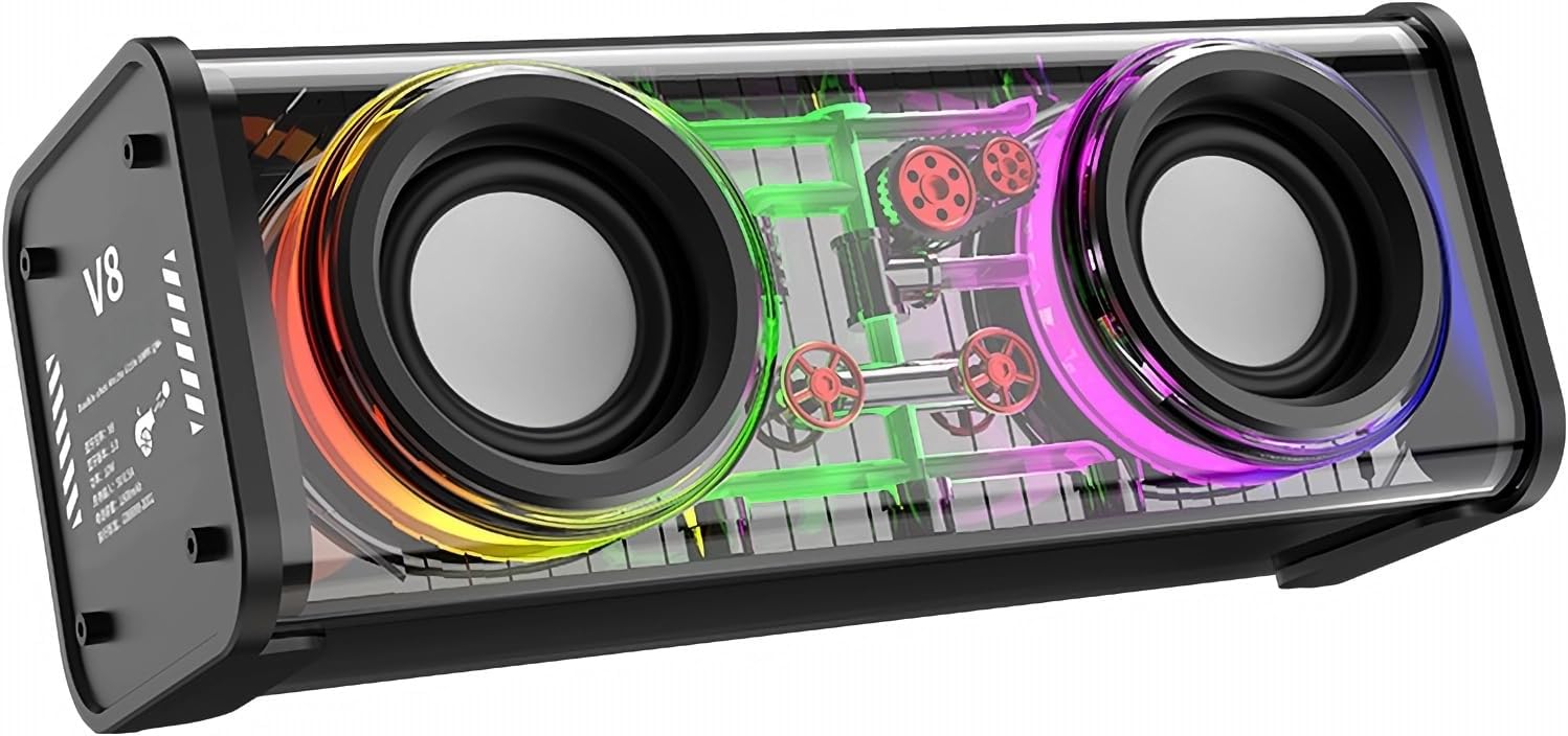 Bluetooth Wireless Speaker - Transparent Mecha Style, 10W High-Power Dual Speakers, 7-Color LED Lights, Bluetooth 5.0, Heavy Bass Surround Sound