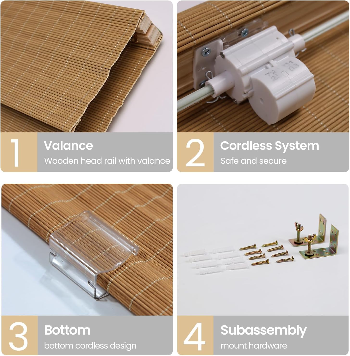 LUSTROWIN Natural Bamboo Roman Shades - No Drill Cordless Light Filtering Roman Blinds with Valance for Windows, Kitchen, Bedroom - 34" W x 64" H, Brown - Real Wood Material, Hardware Included