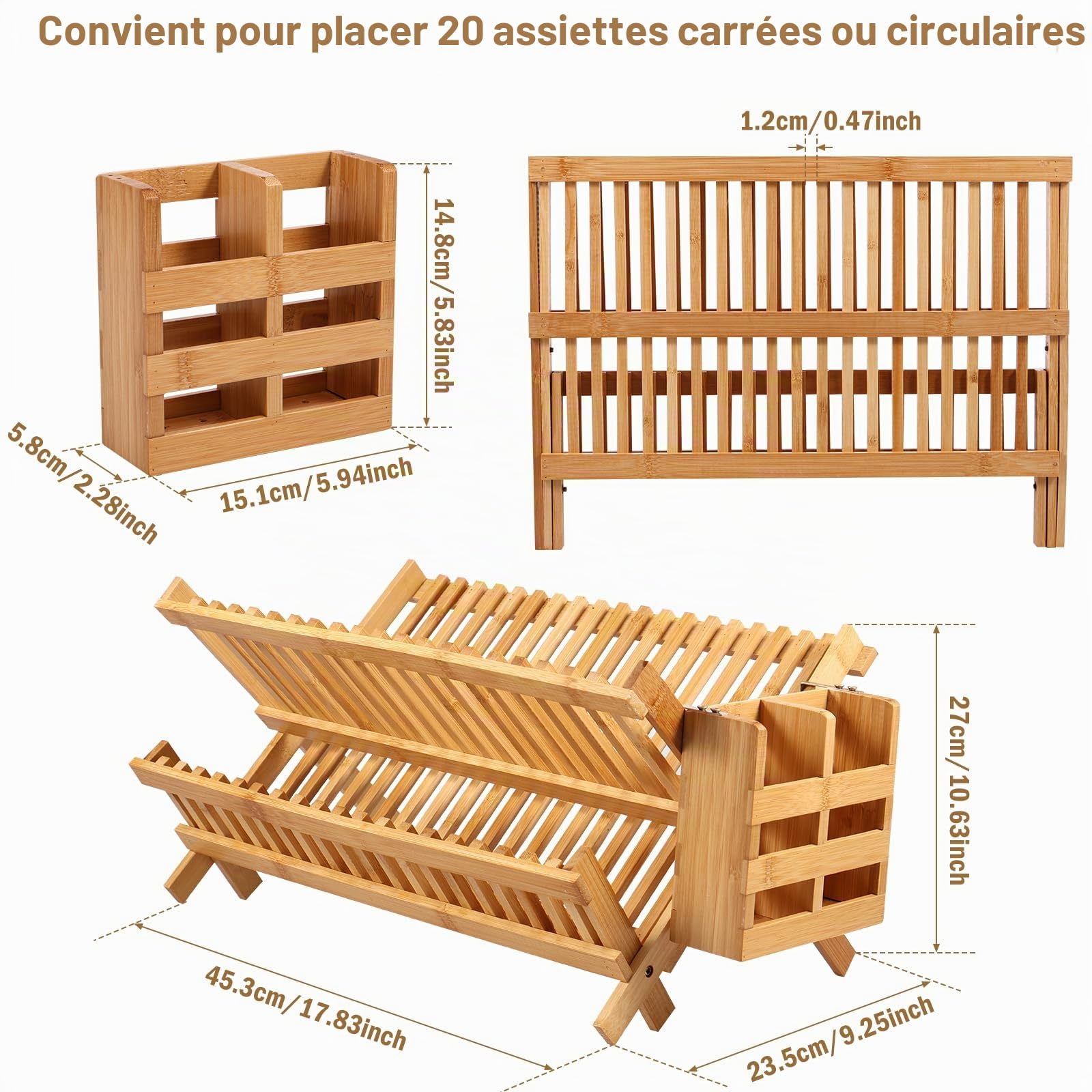 Égouttoir à vaisselle en bambou avec 20 emplacements, bol et support à vaisselle à 2 niveaux avec boîte à ustensiles, étagère de rangement pliable pour bols et assiettes, étagère de cuisine