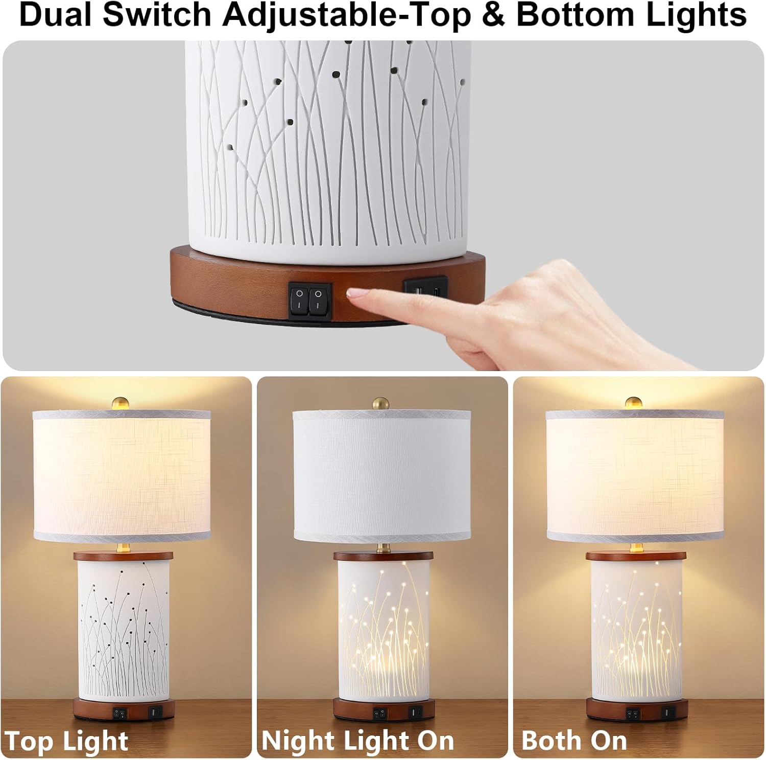 Set of 2 Ceramic Table Lamps with 3 Color Temperatures, Nightstand Table Lamps with AC Outlet, USB A & C Charging Port, Bedside Lamps for Living Room, Bedroom, Office Reading, Walnut