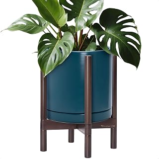 D'vine Dev Ceramic Pot with Walnut Wood Stand, Teal, 12 in, 55-B-W-4