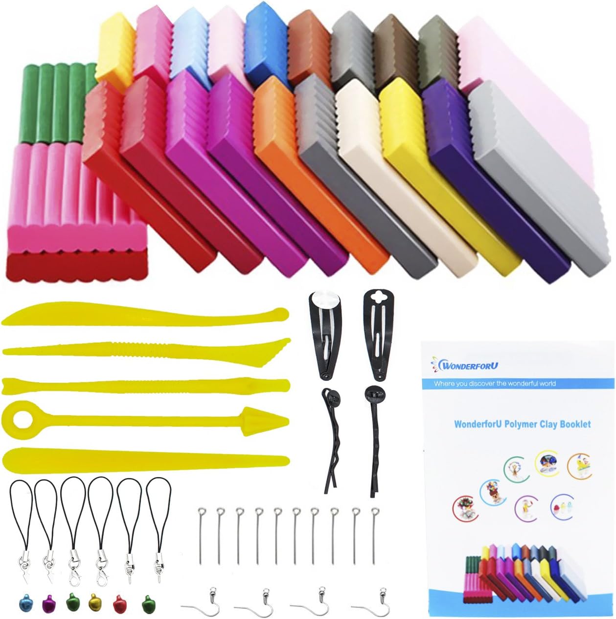 Polymer Clay, 24 Colors Oven Bake Modeling Clay - DIY Craft Polymer Block with 5 Modeling Tool Sets and Jewelry Accessories - by WonderforU