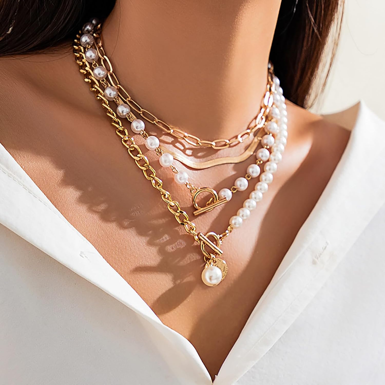 4 Pcs Layered Gold Necklace For Women Trendy Adjustable Chunky Pearl Stacked Choker Necklaces Charm Multilaye Paperclip Chain Necklace Set For Beach Jewelry - Image 3