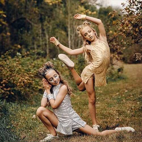 Miniatura 3 de LOLANTA Vestido de baile de lentejuelas para niñas de 4 a 12 años, traje de baile de hip hop, sin mangas y pantalones cortos