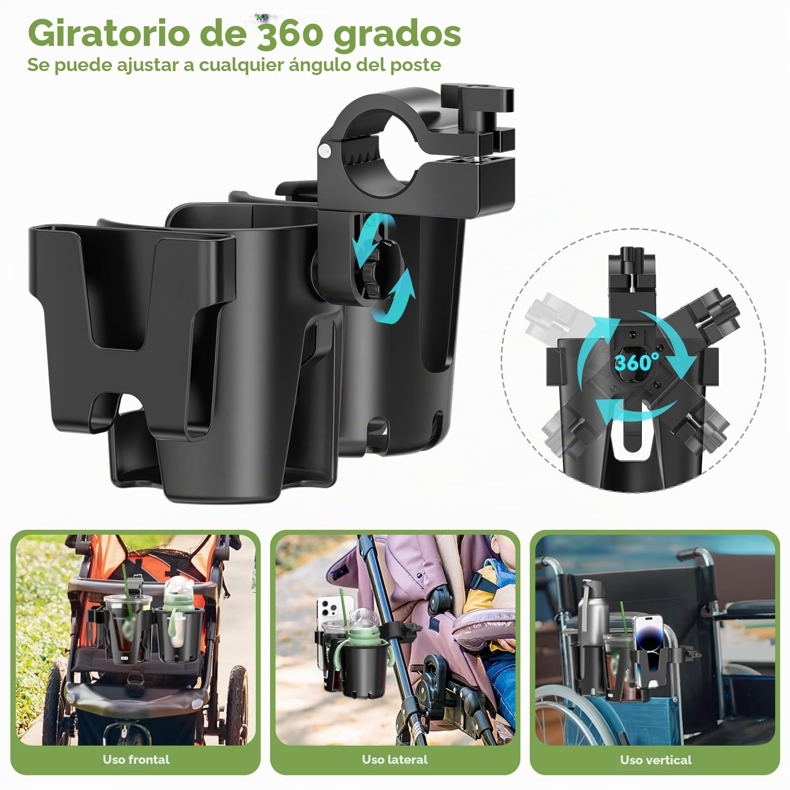 KDD Portavasos para Cochecito con Soporte Teléfono, 3 en 1 Portavasos Carito Bebe Extraíble, Portabotellas para Silla Rotación de 360 Grados Soporte para Vasos para Cochecito Bicicleta Andador Scooter