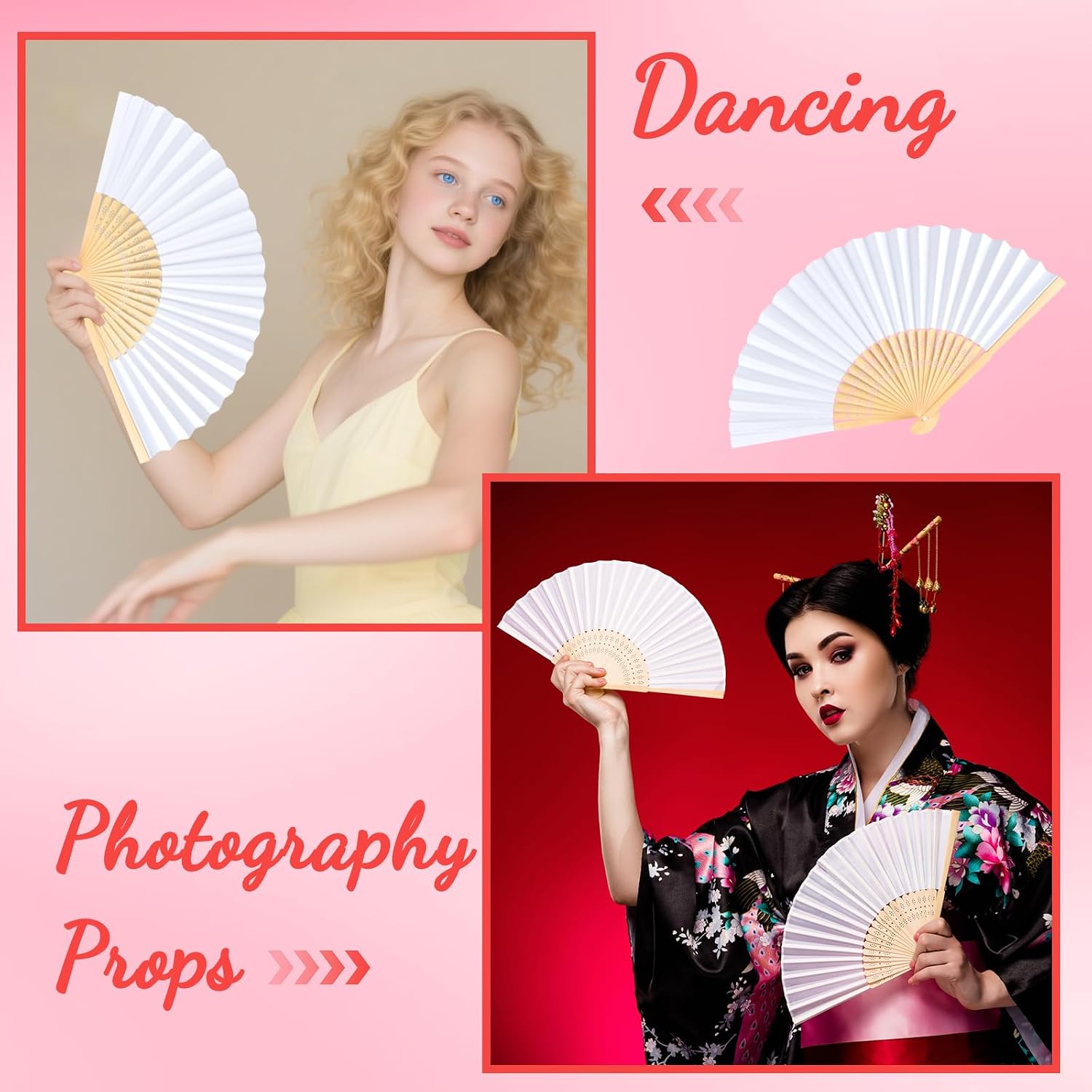 NEBURORA 24Pcs White Handheld Paper Fans 8.3 Inch Hand Held Bamboo Fans Foldable for Wedding Decoration Outdoor Party Favors DIY Decoration Dancing Photography Props