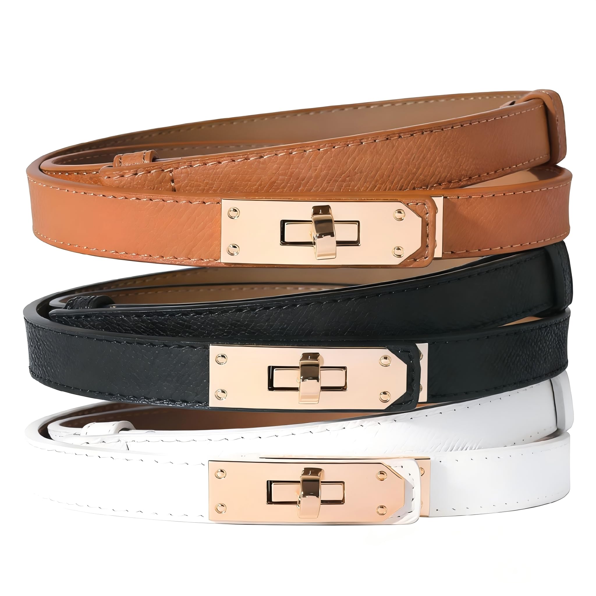 3 Pack Women Skinny Leather Belt,Slim Belt for Women, Adjustable Thin Belts with Adjustable Alloy Turn-Lock Buckle - Ideal for Dresses, Jeans, and Coats, Black,Brown and White