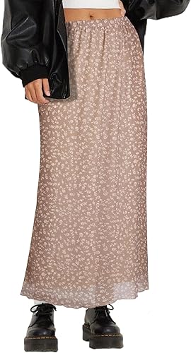 Avanova Women Floral Bohemian Print Mesh Midi Skirt High Waist Lettuce Trim Long Straight Skirt Apricot Floral Medium